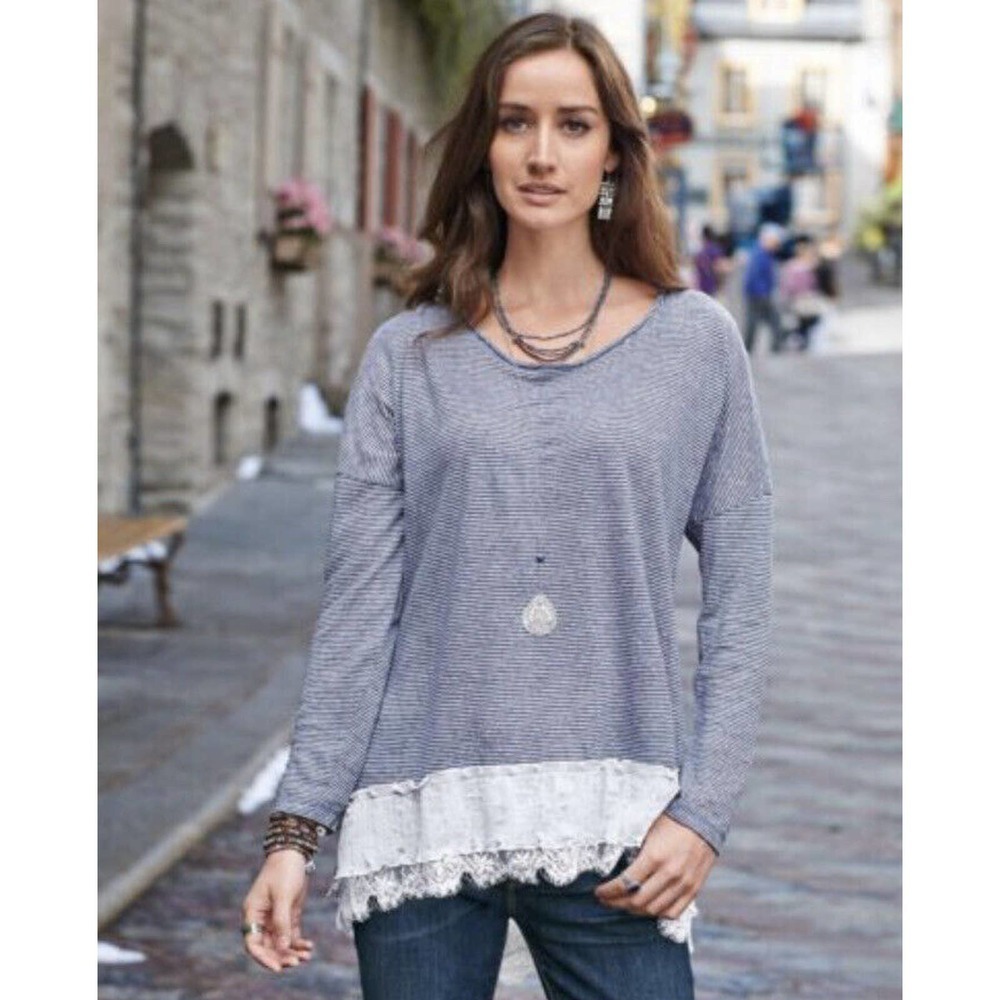 Sundance | Women's Gray Long Sleeve Pullover Striped Lace Hem Tunic Tops Size S